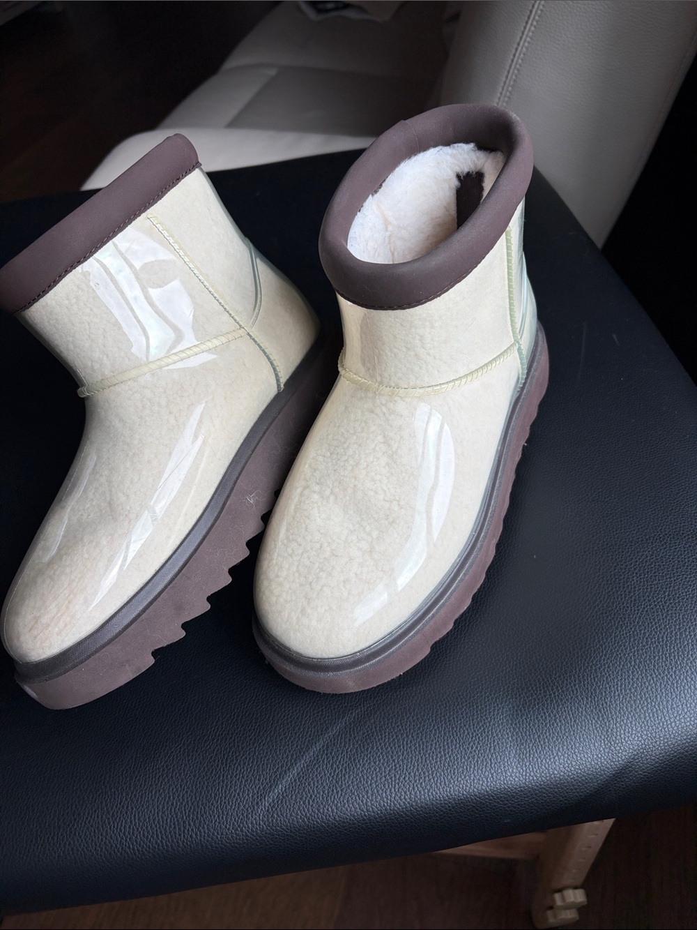 Koolaburra Cream and Brown Glossed Shearling Ankle Boots